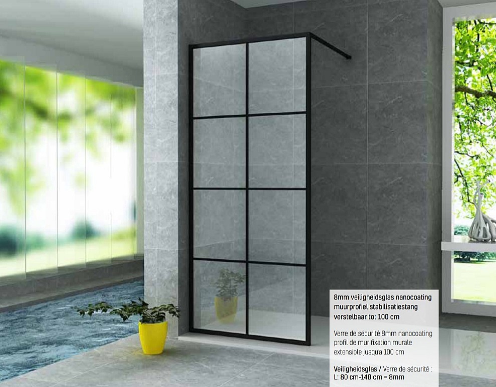 Paroi de douche fixe ALONI - Noir mat à carreaux